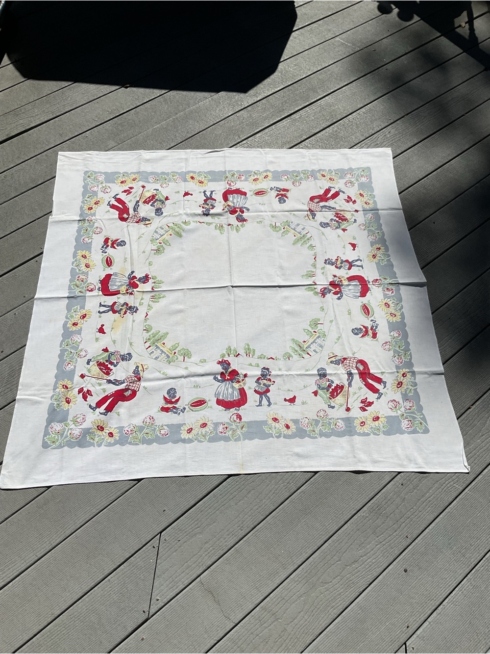 Antique Black Americana Farm Scene Tablecloth 49” sq.